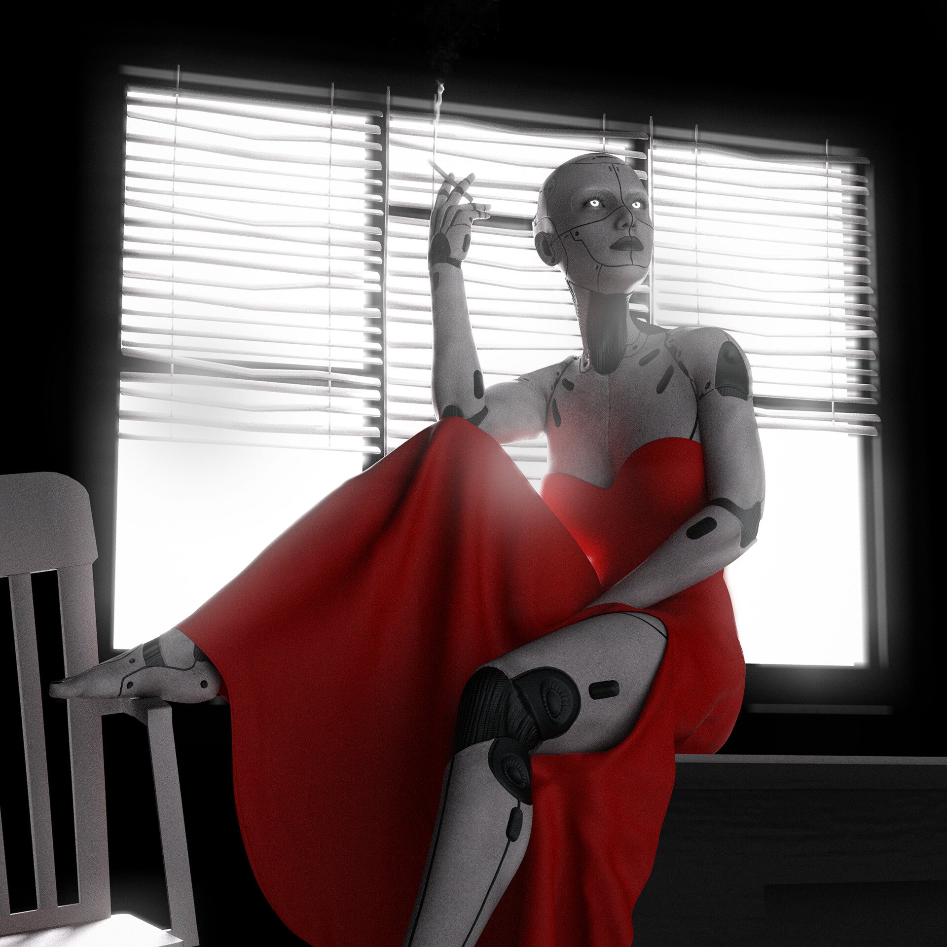 Femme androïde en robe rouge assise devant une fenêtre à stores, noir et blanc avec le rouge en couleur