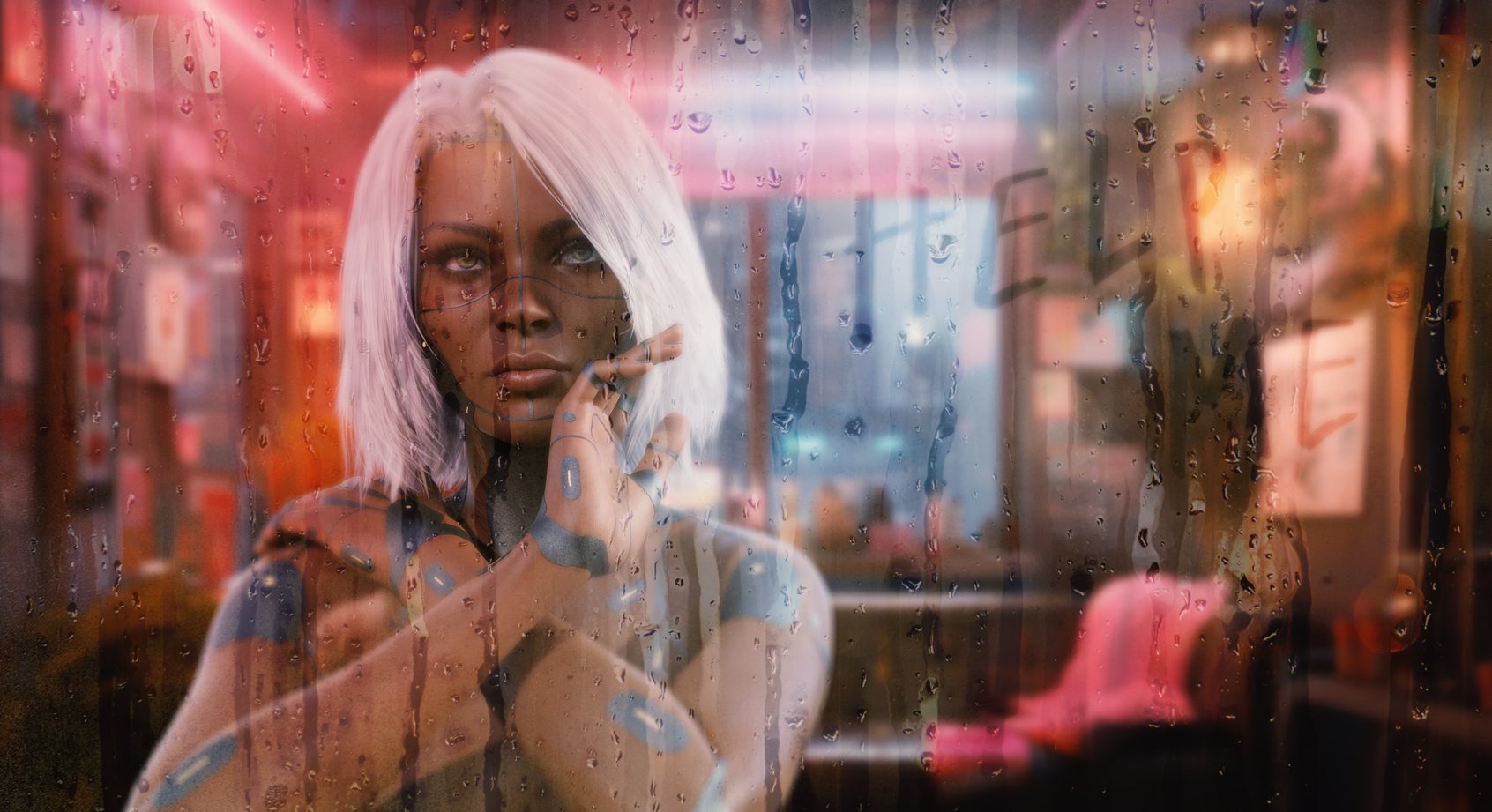 Portrait d’une femme cyborg aux cheveux blancs derrière une vitre couverte de pluie, néons rouges