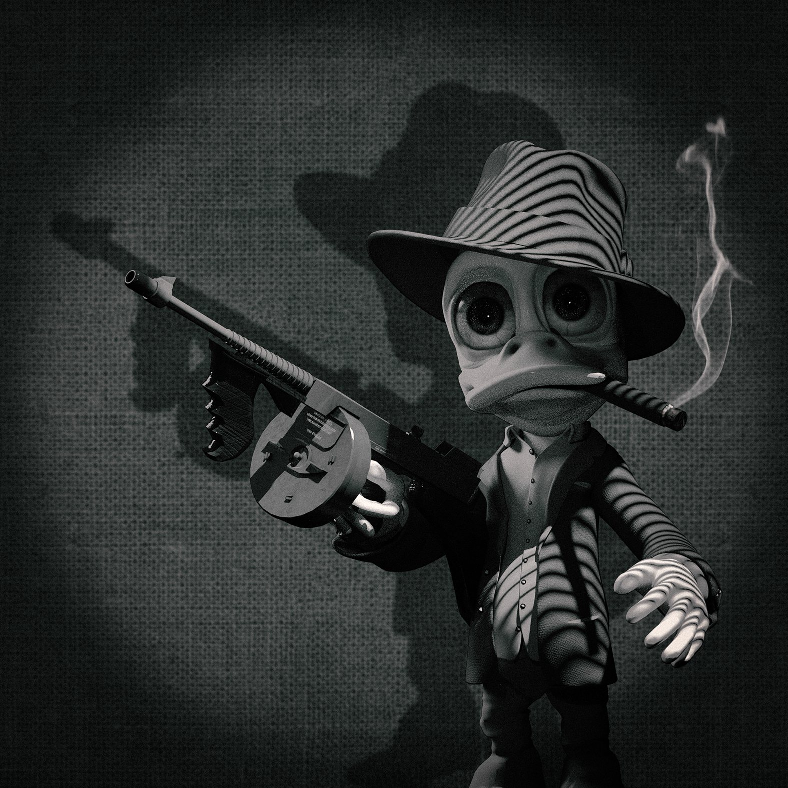 Gangster en costume rayé, avec chapeau, cigare et mitraillette, en noir et blanc